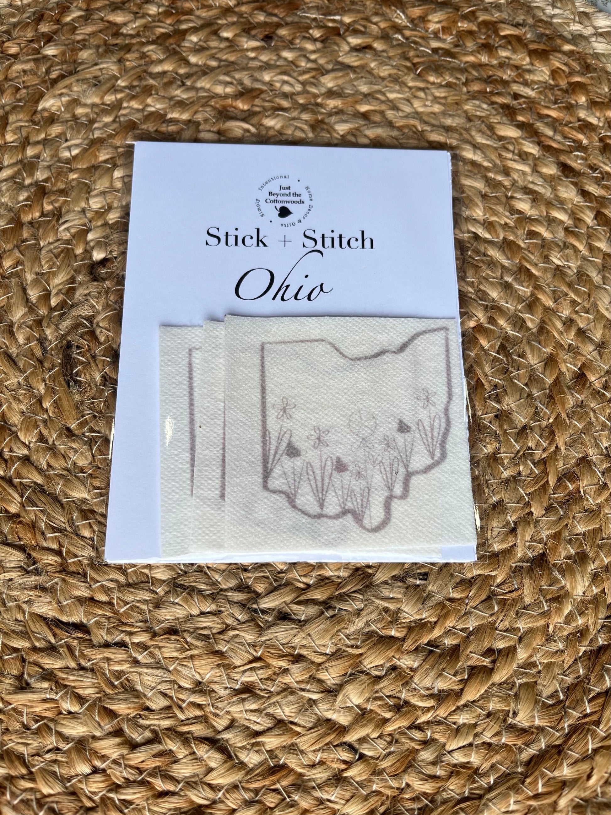 Product packaging for Stick + Stitch Ohio on a woven mat background