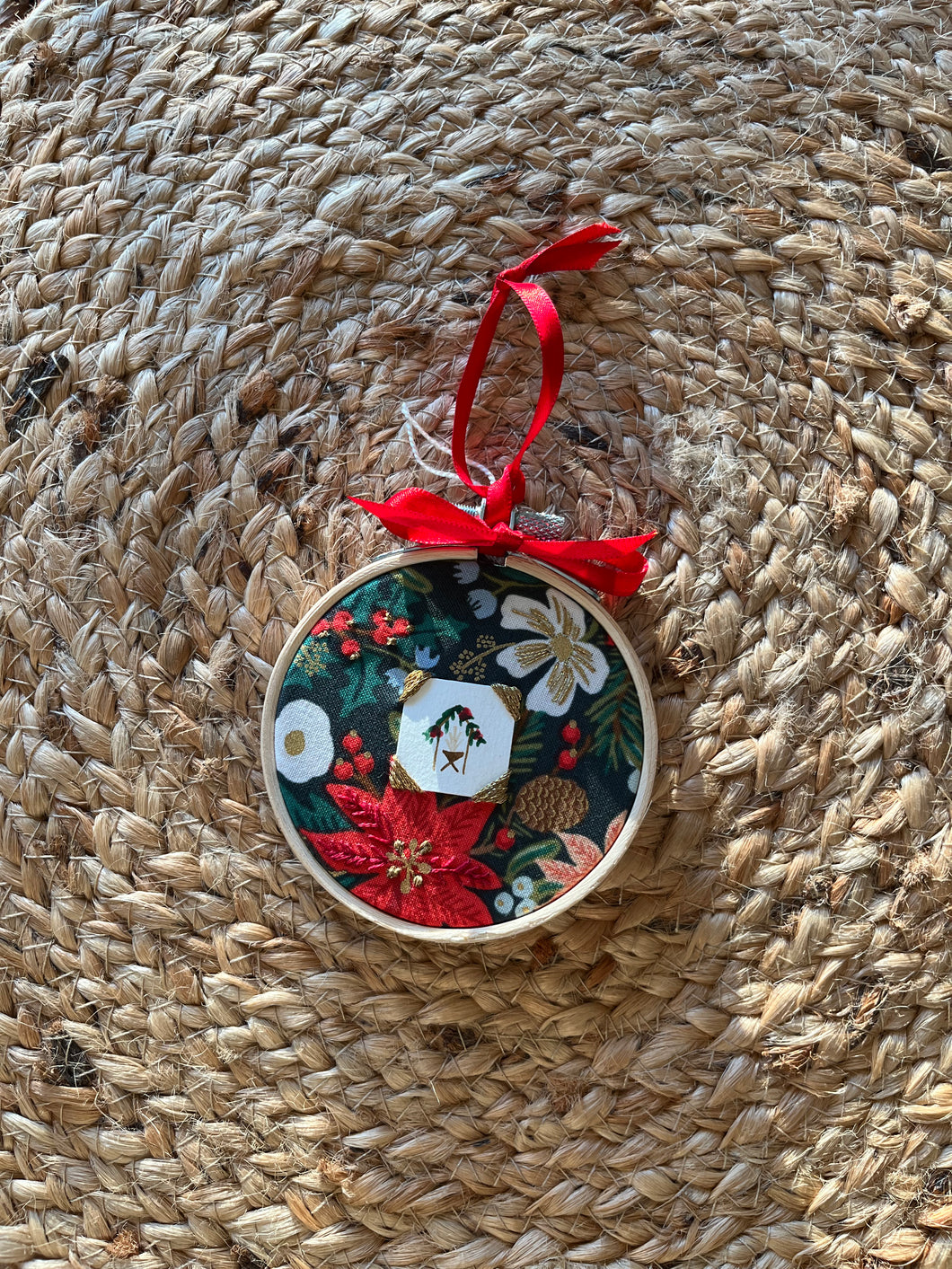 Tiny Watercolor Painting Hand Embroidered Nativity Ornament