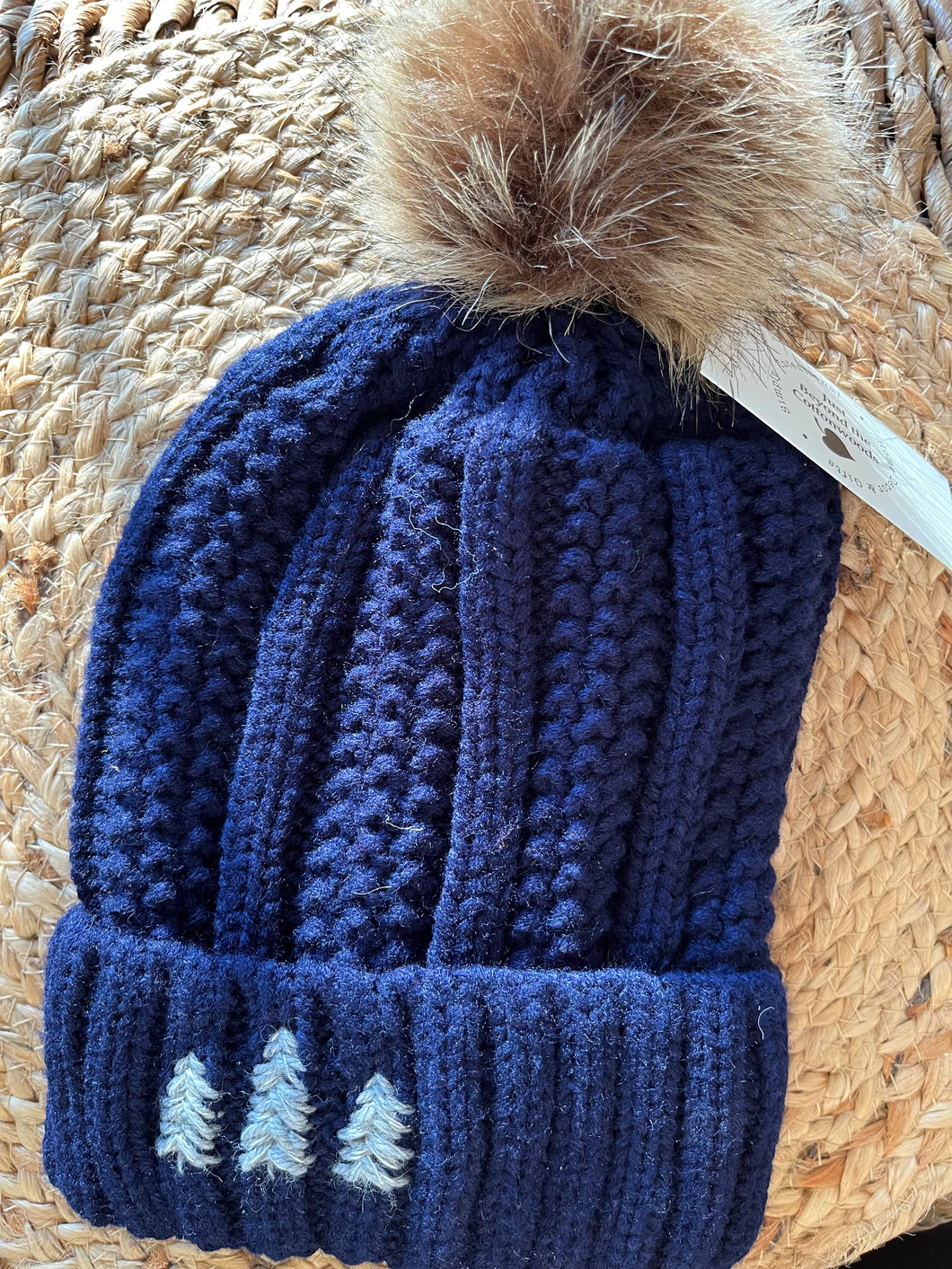 Navy Faux Fur Lined Beanie w/Pom